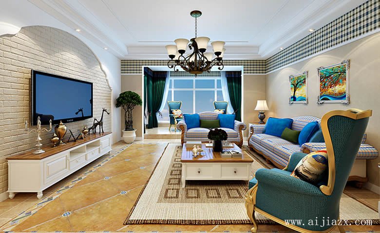 明亮大方的美式田園風格大戶型客廳裝修效果圖